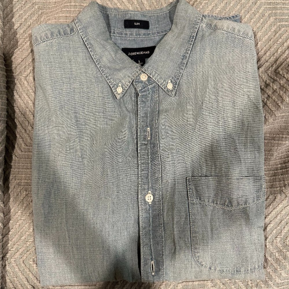 J Crew Jeans Denim Button Down Pocket Short Sleeve Shirt Large Slim Fit